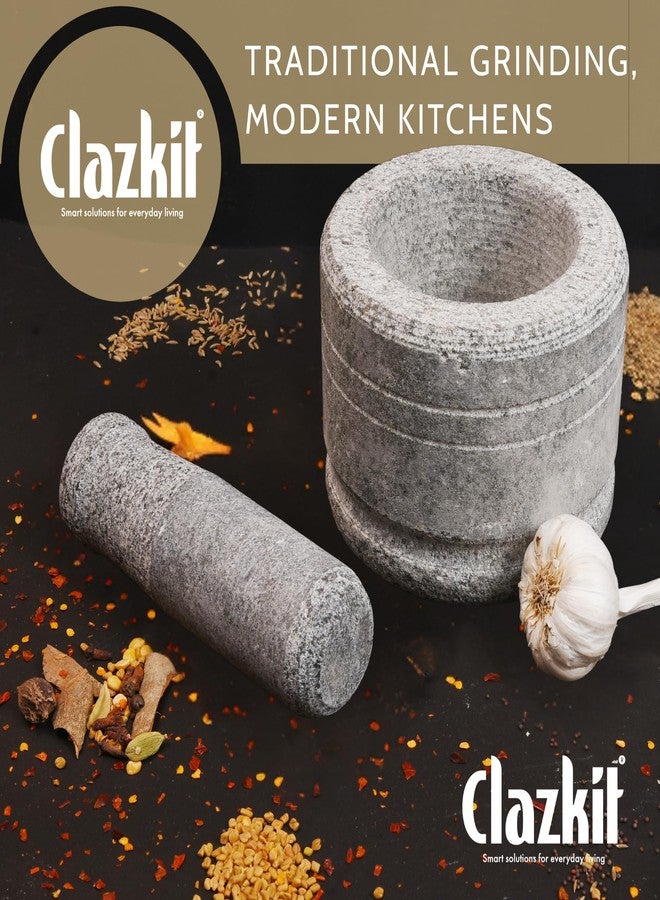 Clazkit Oothukuli Stone Mortar and Pestle Set - 5 Inch Okhli/Khalbatta/Idi Kallu - Traditional Hand Grinder for Chutney, Spices, Herbs & Ginger-Garlic Crushing - Grey - Image 2